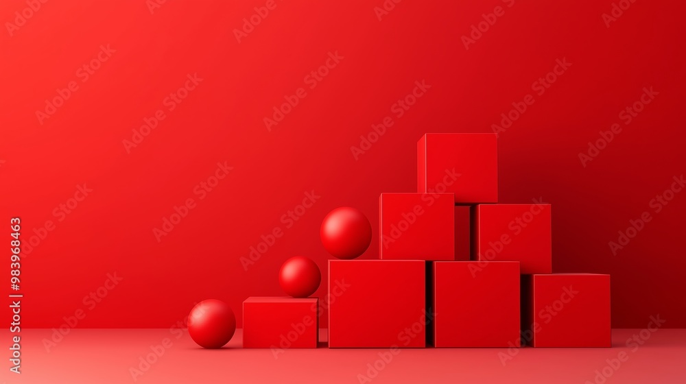 Poster a red background with a stack of red boxes and a red ball. concept of stability and strength, as the