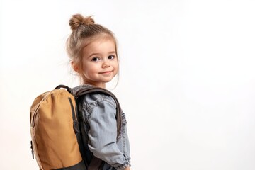Side view of a cute little girl in casual clothes with a huge backpack looking at the camera on a white background. 