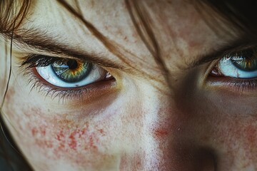 Portrait of an intense young adult, looking deeply into the camera with a serious gaze.