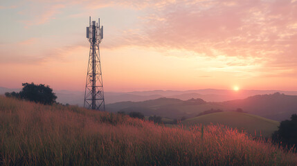 telecommunication tower with a base station receiver, connecting a rural area with high-speed