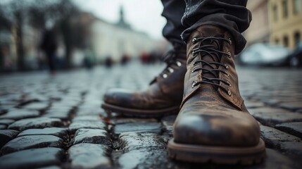 Close-up of boots on a cobblestone street