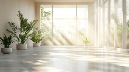 A serene interior space featuring large windows that invite soft light in, showcasing a modern design with greenery and a peaceful atmosphere
