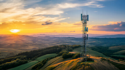 Obraz premium Telecommunication tower with a base station receiver, providing internet connectivity across rolling hills