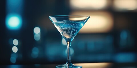 A blue martini on the bar. A modern twist on a classic cocktail.