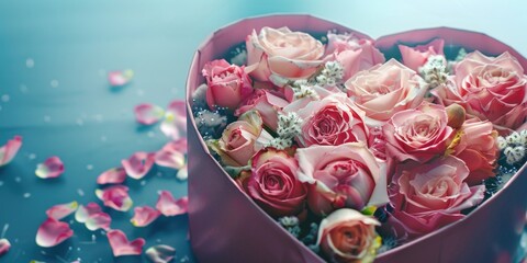 Fototapeta premium Close-up of a bouquet of pink roses with flower petals falling around them in a heart-shaped box, symbolizing love and romance.