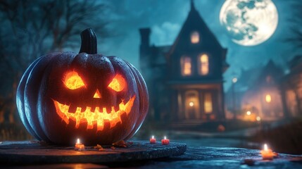 Obraz premium Halloween pumpkin with candlelight in front of a haunted house background,