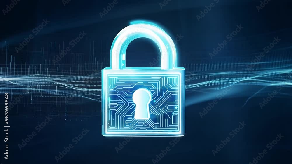 Leinwandbilder The padlock stands against a dark background filled with dynamic blue waves, representing cybersecurity and data protection in a digital age focused on privacy.