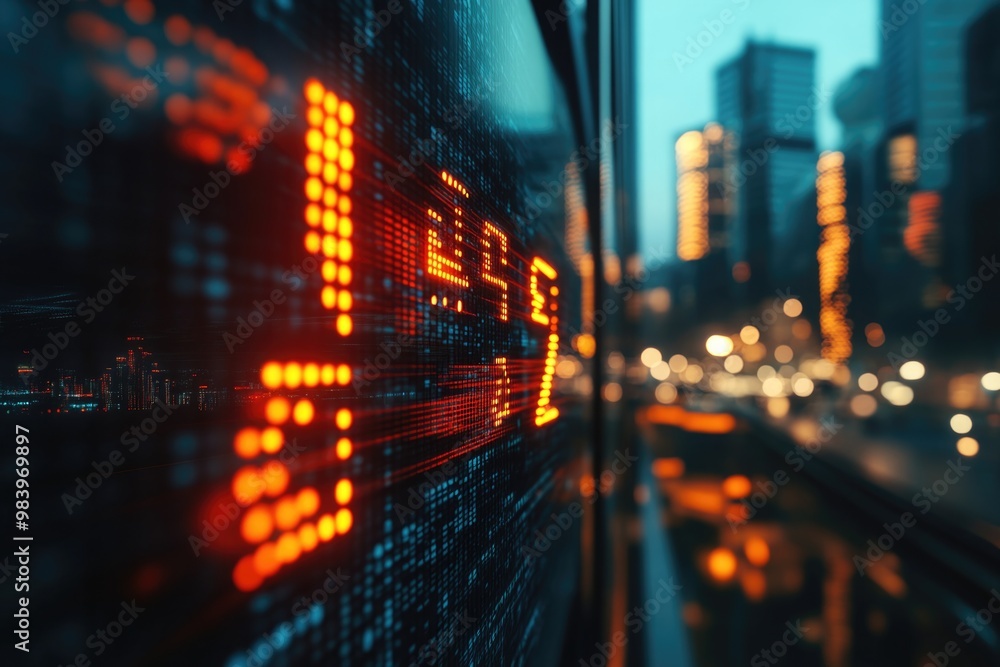 Poster the image captures a close-up view of a stock market ticker display, showing a mix of numbers and sy