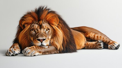 Obraz premium A majestic lion stands proudly against a white background, showcasing its powerful presence and regal stature in a natural habitat captured in high detail