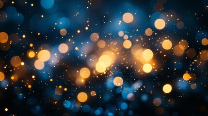Soft golden and blue bokeh lights create a dreamy atmosphere in an abstract representation of waves and depth during a tranquil night setting