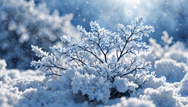 Branches givr&eacute;es sous la neige en lumi&egrave;re d'hiver