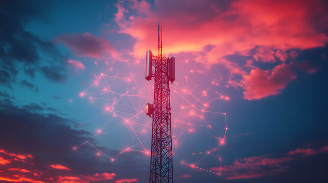telecommunication tower with a base station receiver, visually linked to a cloud network