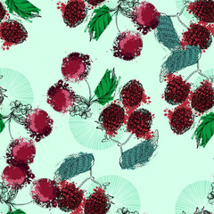Seamless Pattern with raspberry and cherry. Color sketch style hand drawn background. Detailed illustration, hand drawn. Great for fabric and textile, prints, invitation, packaging