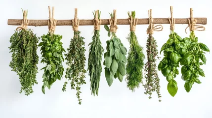 A colorful selection of fresh herbs gathered from an outdoor garden, showcasing a variety of textures and shades in summer sunlight