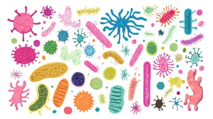 A vibrant illustration depicting a diverse array of microorganisms, including bacteria, viruses, and fungi, showcasing their unique shapes and colors in scientific exploration