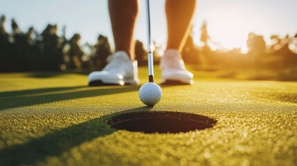 close up macro golf player putting golf ball into hole 