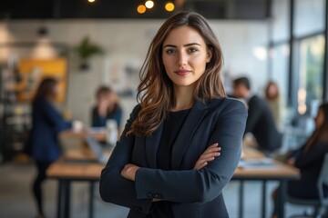 A confident female attorney standing in a bright office space with her arms crossed