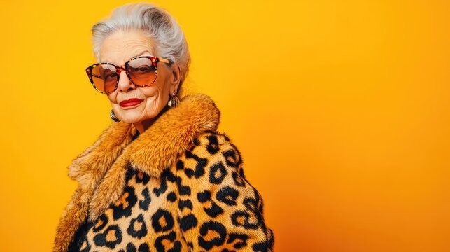 Fashionable Senior Woman in Leopard Print Fur Coat and Sunglasses - Powered by Adobe