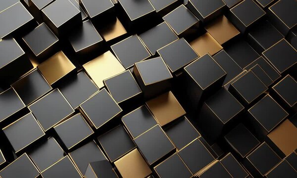 A pattern of smooth black and gold cubes forms a geometric abstract pattern, changing places and moving, symbolizing luxury and sophistication.
