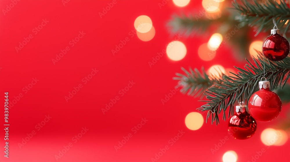 Poster a red background with a christmas tree in the foreground. the tree has red ornaments on it