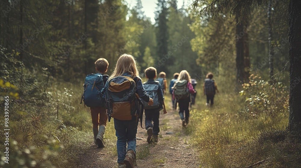 Wall mural Children with backpacks walking through the forest, school camping trip in the forest