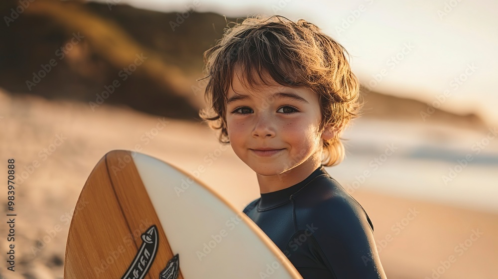 Poster child holding a surfboard on a beach to take surfing lessons