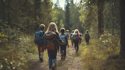 Children with backpacks walking through the forest, school camping trip in the forest