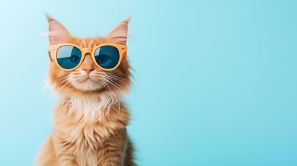 Fototapeta premium A cat wearing sunglasses and looking at the camera. The cat is wearing orange sunglasses and has a blue background