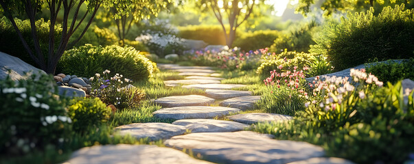 Peaceful garden with a stone path, 4K hyperrealistic photo