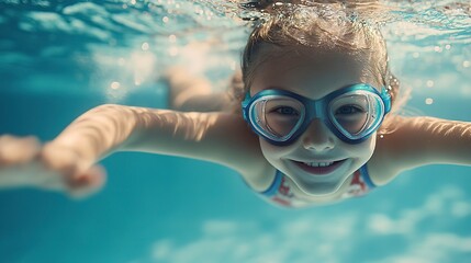 Naklejka premium cheerful young girl enjoys swimming and diving underwater in pool. child engaged in swimming lessons during summer vacation 