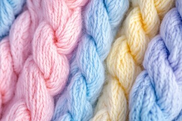 Close - up of knitted wool texture with thick yarn in soft pastel colors