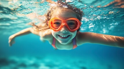 Naklejka premium cheerful young girl enjoys swimming and diving underwater in pool. child engaged in swimming lessons during summer vacation 