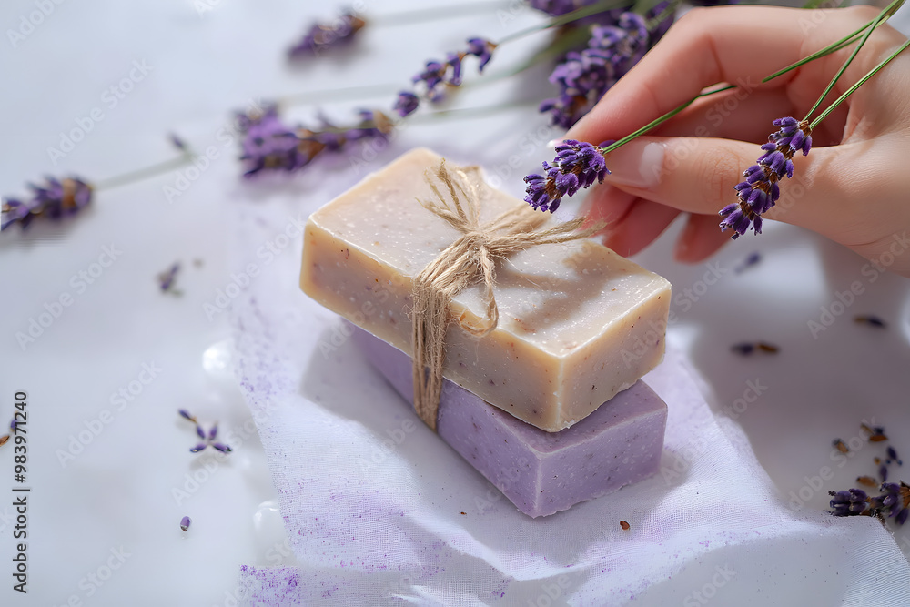 Canvas Prints Natural handmade soap with lavender, on a light background.