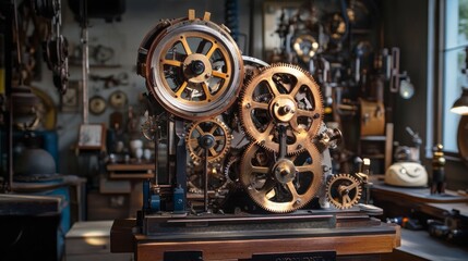 Obraz premium A close-up view of a complex machine made of gears and wheels.