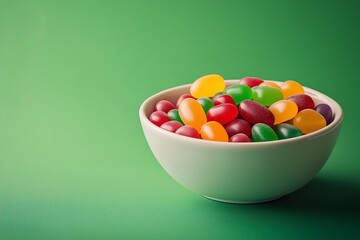 A bowl of colorful jelly beans against a green background 