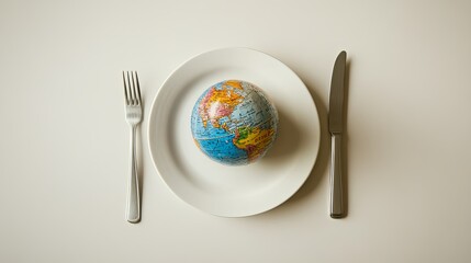 A globe delicately placed on a white dinner plate, with a fork and knife neatly arranged on either side.