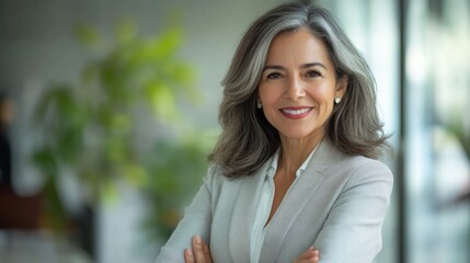 Beautiful hispanic senior business woman with crossed arms smiling at camera. European or latin confident mature good looking middle age leader female businesswoman on office background, copy space