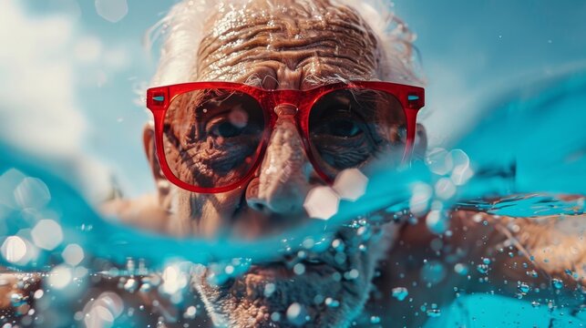 An elderly man with vibrant red sunglasses swims under clear water, revealing his joyful spirit. Happiness shines through his wise eyes.