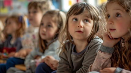 Curious children listening intently in a classroom setting filled with color and excitement, ready to learn and explore new ideas.