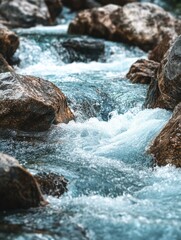 Nature scene of blue river flowing through rocky terrain.