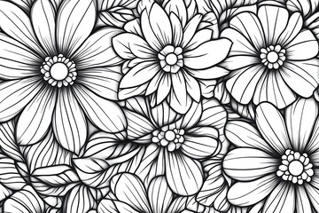 A detailed, black and white floral coloring book page filled with intricate patterns of various