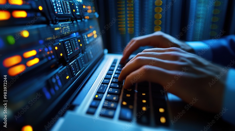 Poster male hands typing on keyboard in futuristic server room. concept of digital technology, data storage