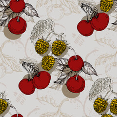 Seamless Pattern with raspberry and cherry. Color sketch style hand drawn background. Detailed illustration, hand drawn. Great for fabric and textile, prints, invitation, packaging