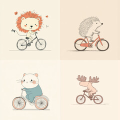 Naklejka premium set of animals on light backdrop front view. stickers with different cute animals on a bicycle. animal drawings in autumn, summer. funny lion, hedgehog, hamster, moose isolated on background
