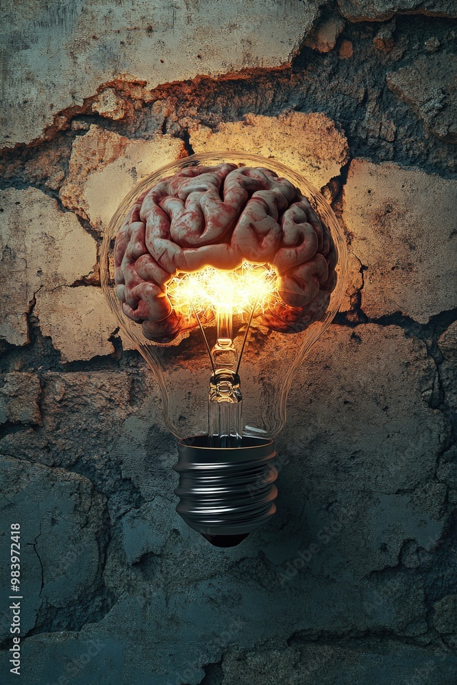 Poster the image features a light bulb with a human-like brain at the base, signifying creativity and intel