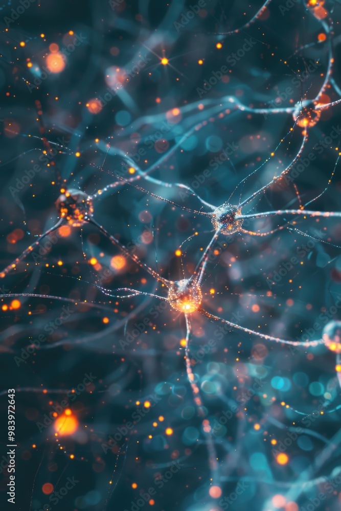 Poster microscopic view of neuron cells and synapses, illustrating connectivity and communication in the br
