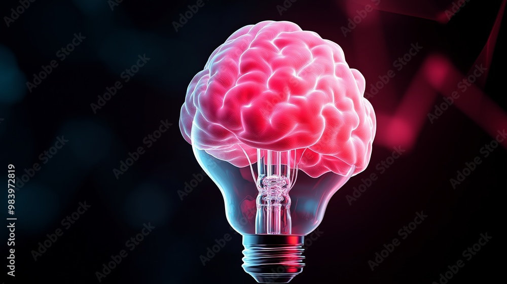 Poster a brain is shown inside a light bulb. the brain is pink and fuzzy. the light bulb is glowing and the