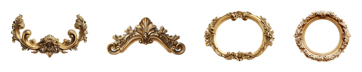 Set, collection of Gold vintage baroque frame isolated on transparent background.