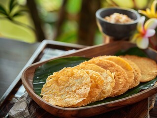 Platter of Thai spring rolls served on a banana leaf, garnished with peanut butter and topped with edible flowers.