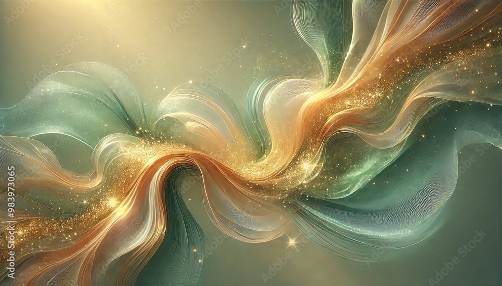 Poster 3d abstract rendering of flowing golden and teal fabrics with sparkling light particles